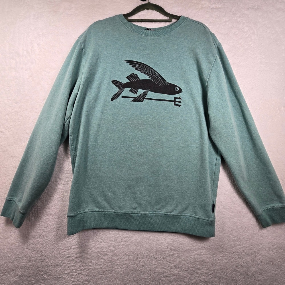 Patagonia Flying Fish Sweatshirt Mens Medium Organic‎ Cotton Aqua READ